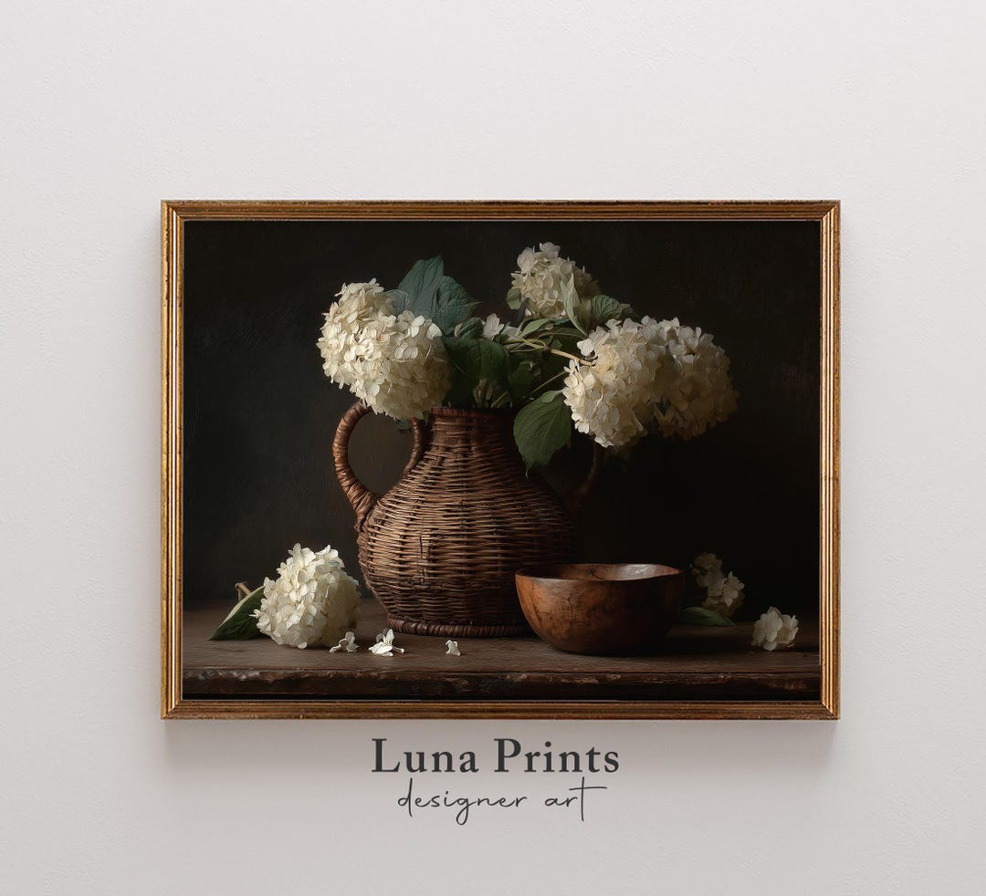 Vintage Hydrangea Still Life Print, Moody White Flower Oil Painting ...
