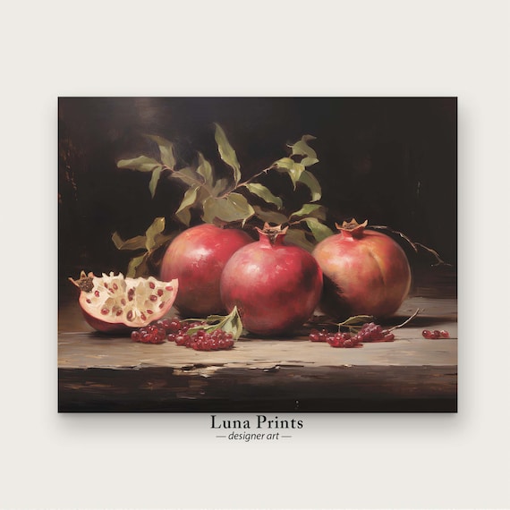 ザクロの絵画 | 印刷可能なアート | ムーディーな静物画 | ビンテージ