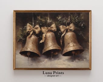 Rustic Holiday Bells Painting, PRINTABLE ART, Moody Christmas Holiday Art, Vintage Winter Artwork