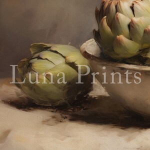 May include: Two artichokes, one in a white bowl and one on a white linen tablecloth. The artichokes are green and brown with a textured surface.