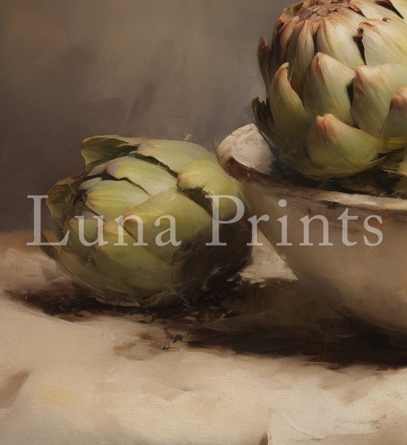 May include: Two artichokes, one in a white bowl and one on a white linen tablecloth. The artichokes are green and brown with a textured surface.