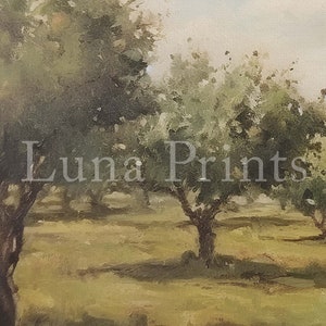 May include: A painting of a landscape with several green trees in a field. The trees have a light green foliage and are set against a light blue sky.