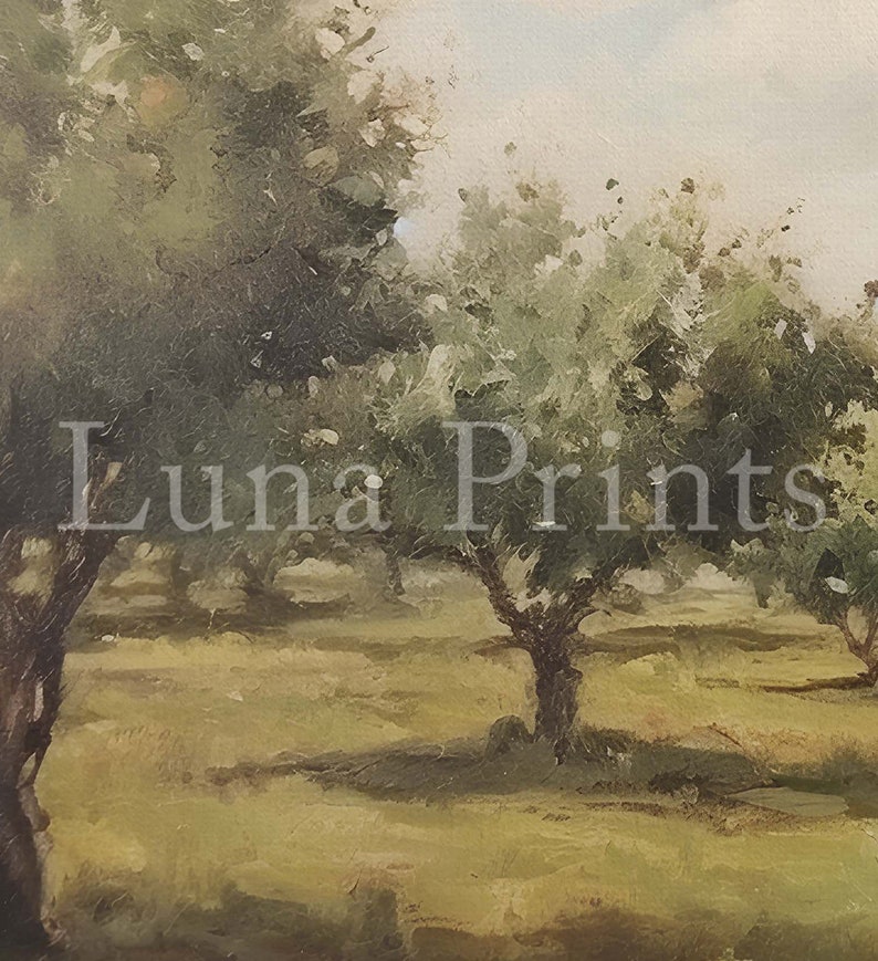 May include: A painting of a landscape with several green trees in a field. The trees have a light green foliage and are set against a light blue sky.