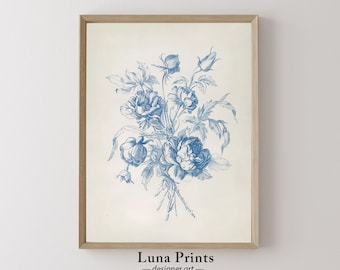 Impresión de boceto floral azul, ARTE IMPRIMIBLE, Ilustración botánica de rosa vintage, decoración de pared azul