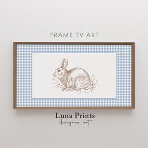 May include: A framed print featuring a detailed sepia-toned illustration of a rabbit. The artwork is set against a light blue and white gingham pattern, with the text "FRAME TV ART" at the top and "Luna Prints designer art" at the bottom.
