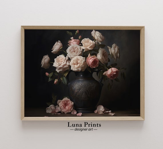 PRINTABLE Vintage Roses Still Life Painting | Moody Artwork | Vintage Floral Art