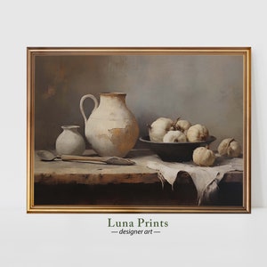 May include: A still life painting featuring a white ceramic pitcher, a smaller white ceramic jar, and a bowl of white onions on a wooden table with a white cloth. The background is a muted brown.