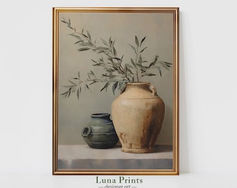 Vintage Jars With Olive Branches | PRINTABLE ART | Vintage Still Life Art