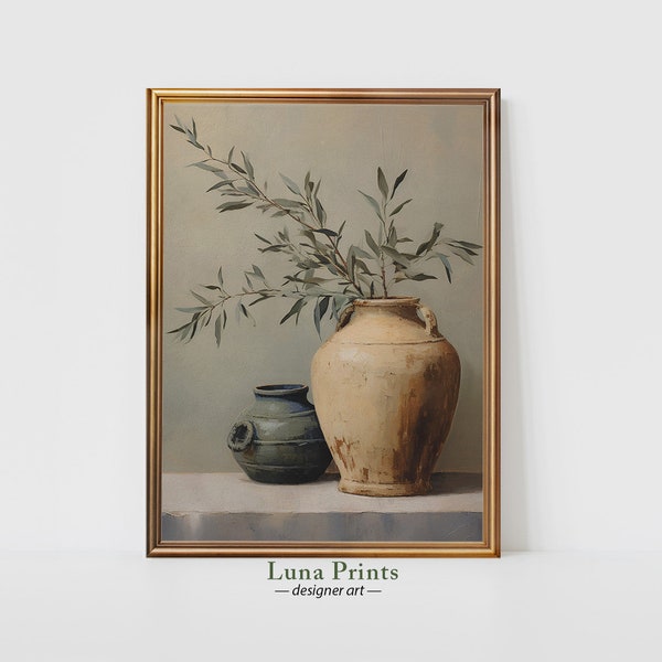 bocaux vintage avec branches d'olivier | ART IMPRIMABLE | Nature morte vintage