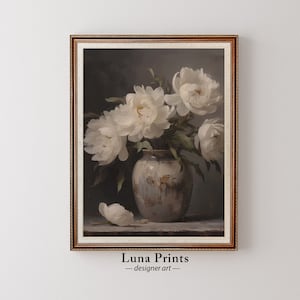 Moody leeftijd pioenrozen schilderij, afdrukbare kunst, vintage bloemsierkunst
