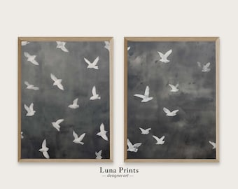 Bird Flock Painting Set of Two, PRINTABLE ART, Vintage Bird Art, Modern Coastal Art Prints, Muted Toned Art