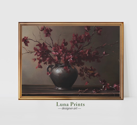 Burgundy Branches Painting | PRINTABLE ART | Moody Floral Art | Vintage Fall Artwork