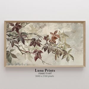 May include: A watercolor painting of a branch with leaves in shades of brown, green, and red. The leaves are arranged in a loose, organic pattern, creating a sense of movement and flow. The background is a soft, muted gray, adding to the overall sense of tranquility.