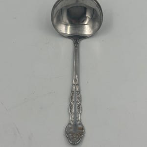 Può includere: Un mestolo color argento con una ciotola rotonda e un lungo manico. Il manico presenta un design ornato in rilievo. Il mestolo è realizzato in un metallo lucido e riflettente, probabilmente acciaio inossidabile, ed è progettato per servire zuppe e salse.