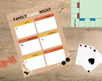 Printable Family Game Night Scoreboard | Colorful Game Night Scoreboard | Reusable Family Game Night Score Tracker | Game Night Score Card