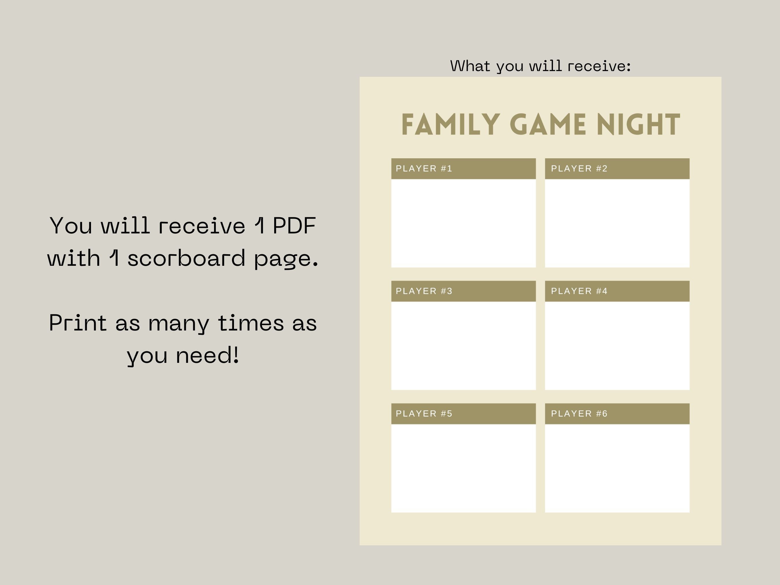 Printable Family Game Night Scoreboard Neutral Game Night Scoreboard ...