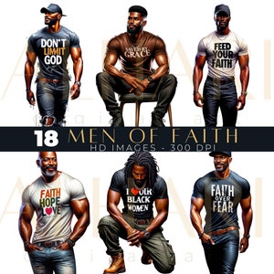 Black Men Clipart Bundle: Inspirational Bible Phrases and Affirmations - African American Men Clipart Set - Digital Download