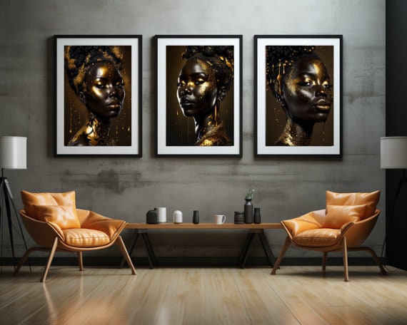 Golden Silhouettes: A Bold and Graceful Trilogy | Instantly Downloadable Wall Art Set | Digital Prints| African American Art