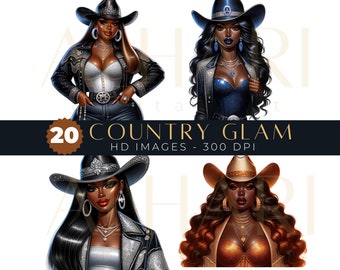 Black Women Clipart | Glam Cowgirl Clipart Bundle | Wild West Afro Girl Designs | Texas Hold Em | Black Woman Cowgirl