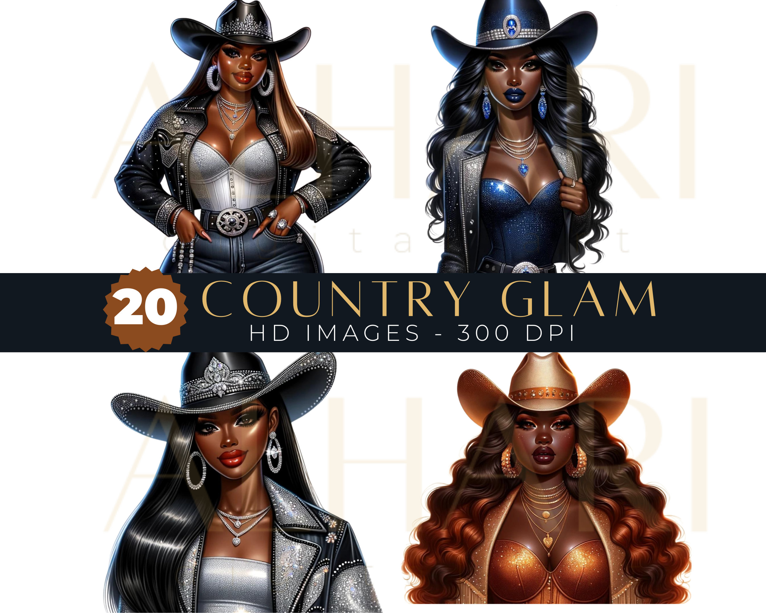 Black Women Clipart | Glam Cowgirl Clipart Bundle | Wild West Afro Girl Designs | Texas Hold Em | Black Woman Cowgirl