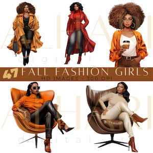 Black Women Fall Fashion Clipart Bundle| Curvy Girl Autumn Vibes | Autumn Aesthetic | Black Boss Babe Clipart