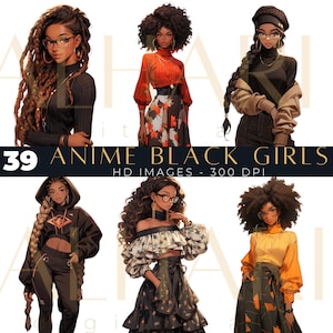 Black Anime Girl High Resolution Art Digital Bundle | Crafters, Small Business DIYer KPop Culture Art Pieces