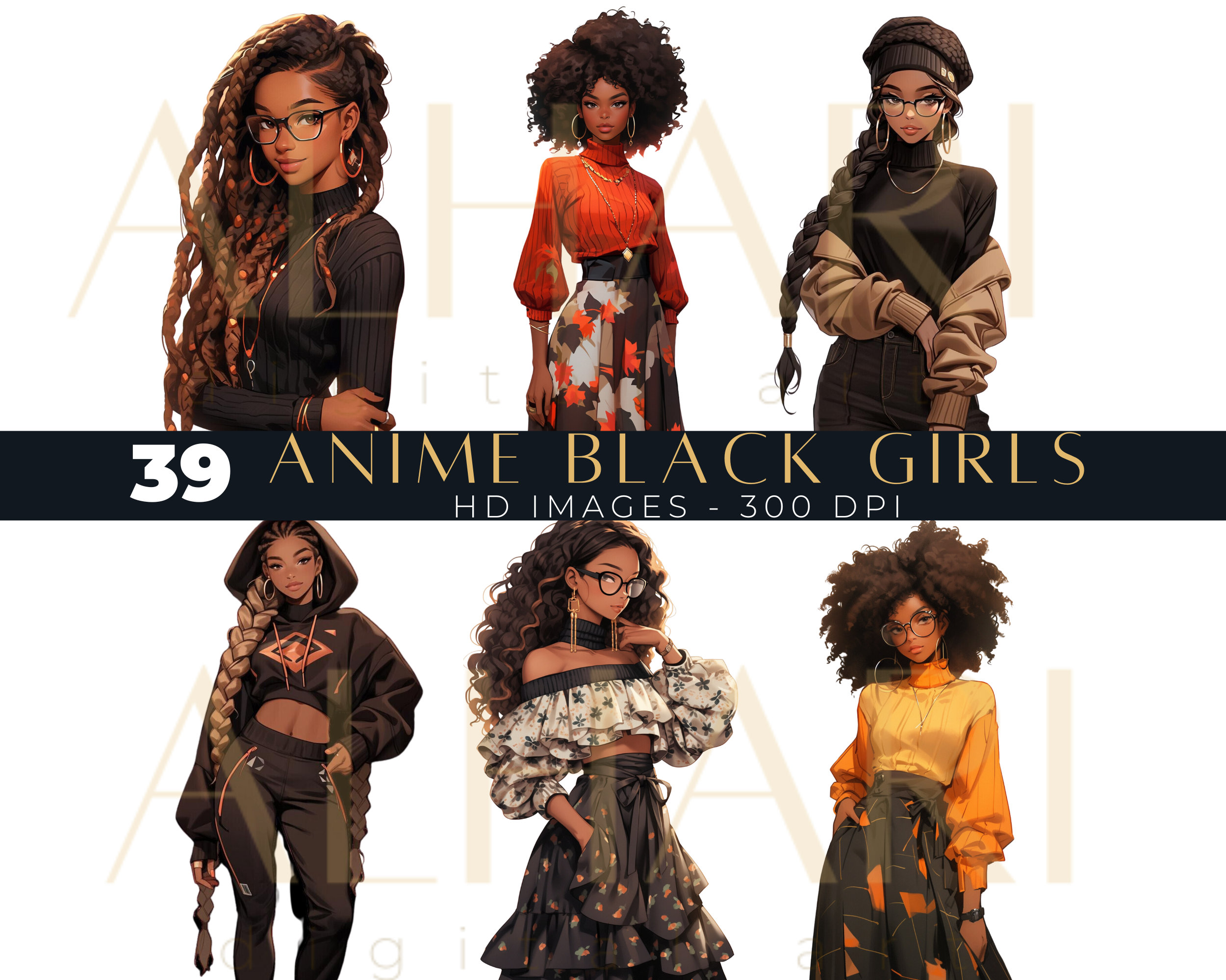 Black Anime Girl High Resolution Art Digital Bundle | Crafters, Small Business DIYer KPop Culture Art Pieces