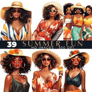 Summer Black Girl and Beach Time Clipart Collection | Black Girl Clipart for Summer | Black Women Summer Clipart Series