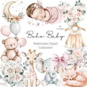 Boho Baby Girl Watercolor Clipart – 24 PNGs, Pastel Nursery Art, Baby Shower Design, Instant Download, Commercial Use
