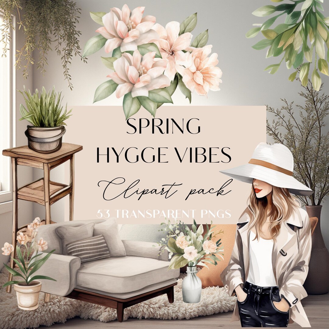 Spring Hygge Clipart Set, Cozy Home Decor PNG, Boho Botanical