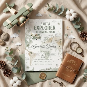 Inbjudan till babyshower för liten utforskare, vintageflygplan, akvarellkarta, pojke (digital nedladdning)