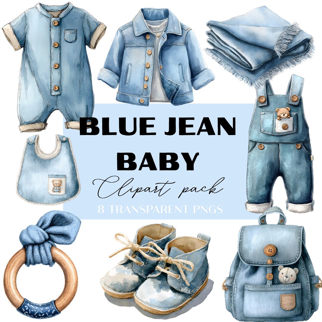 Denim Baby Clipart Bundle, Watercolor Blue Jean Outfits (PNG Digital ...