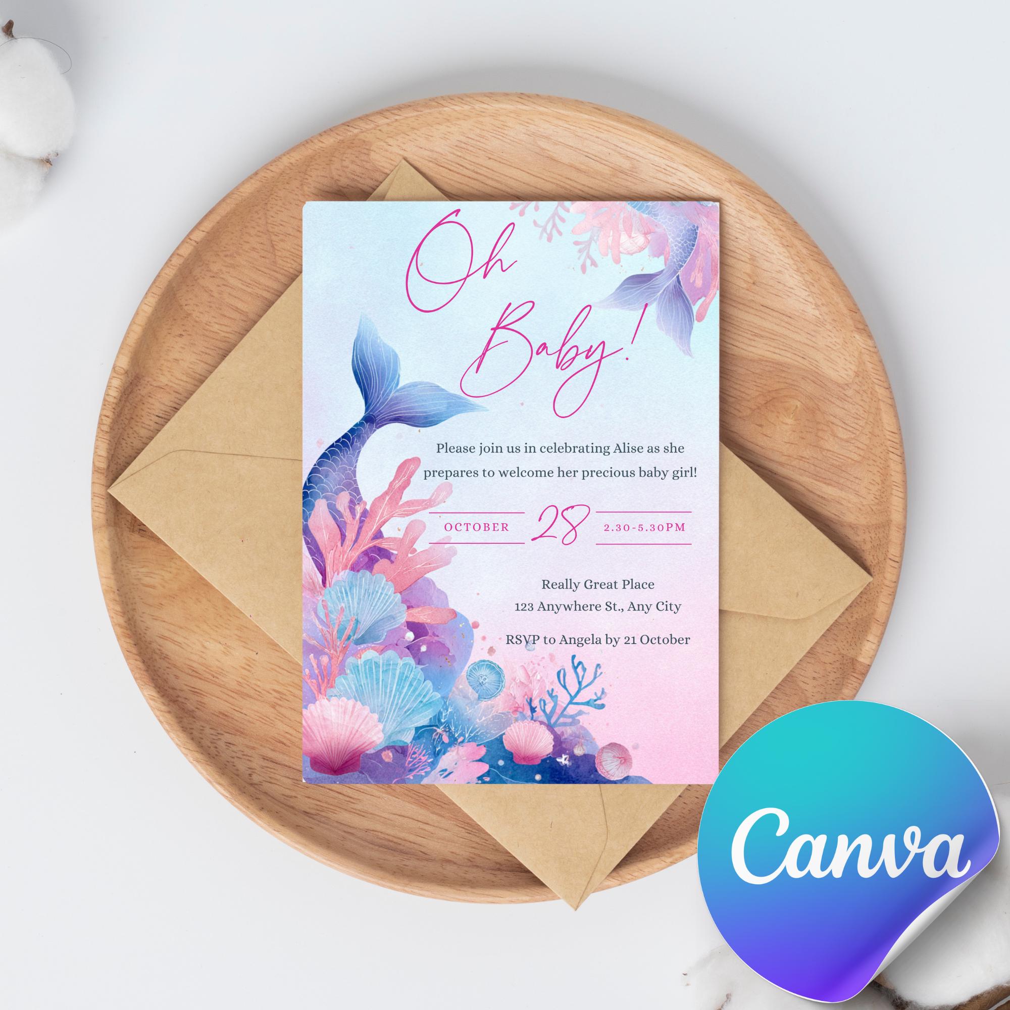 Editable Mermaid Baby Shower Invitation 5x7, Under the Sea Baby Shower ...