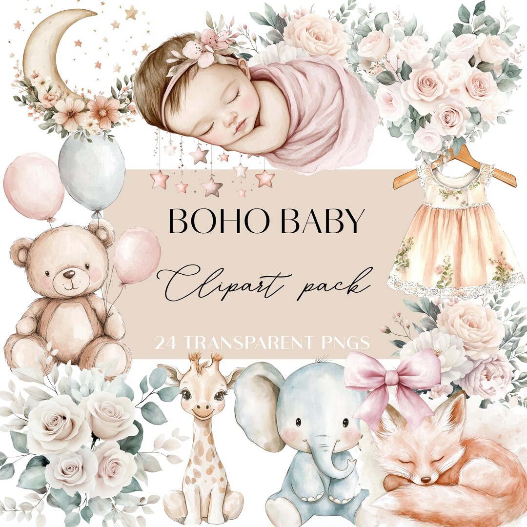 Boho Baby Girl Watercolor Clipart: Pastel Nursery Art (24 Pngs ...