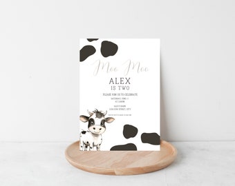 Moo Moo someone is two! Kids birthday party invites, girl, boy, farm, cows, digital template - INSTANT DOWNLOAD