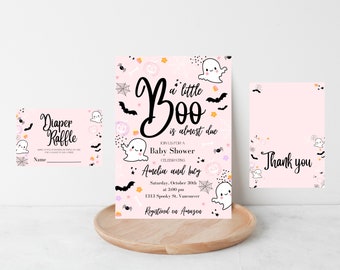 A little boo is almost due, baby shower pack. Diaper raffle, thank you cards and invites, digital template - INSTANT DOWNLOAD