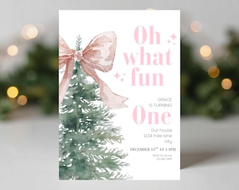 May include: A birthday invitation with a watercolor illustration of a Christmas tree and a pink bow. The text reads "Oh what fun" and "Grace is turning one". The invitation includes the date, time, and RSVP information.