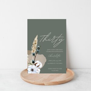 birthday party invite, boho, green, printable digital invitation, thirty, floral - INSANT DOWNLOAD