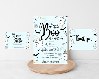 A little boo is almost due, baby shower pack. Diaper raffle, thank you cards and invites, digital template - INSTANT DOWNLOAD