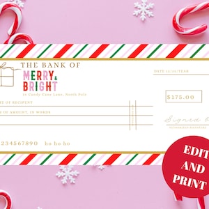 May include: A festive holiday-themed check design with red and white striped borders and accents. The check features the text "THE BANK OF MERRY & BRIGHT" and includes fields for recipient name, amount, and signature. A red circle with "EDIT AND PRINT" is in the lower right.