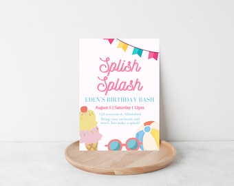 Splish Splash pool party birthday invite, digital template invitation, rainbow - INSTANT DOWNLOAD