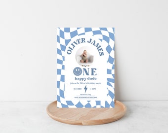 One Happy Dude first birthday invitation, checkered background, blue, edit and print - INSTANT DOWNLOAD