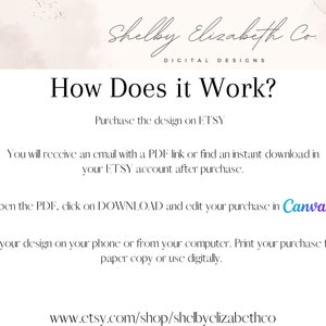 May include: A white graphic with the text "How Does it Work?" and instructions for purchasing and editing a design on Etsy using Canva. The image includes the Etsy shop's URL and the designer's name.