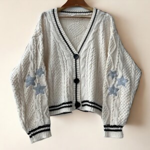 Star Embroidered Cardigan, V Neck Knitted Sweater, Knitted Cardigan Sweater For Women - Gift For Her Birthday