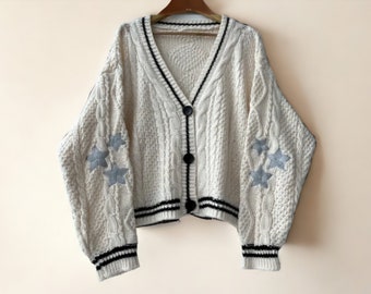 Star Embroidered Cardigan, V Neck Knitted Sweater, Knitted Cardigan Sweater For Women - Gift For Her Birthday