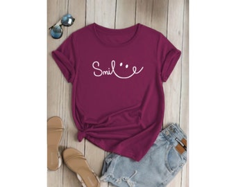 Smile Print T-Shirt, Crew Neck Shirt for Women, Summer Clothes Casual T-Shirt, Short Sleeve Summer Fashion