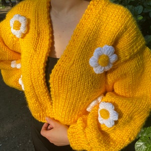 Yellow Knitted Women Cute Cardigan, Chunky Knit Cardigan, Fluffy Flowers, Handmade Cardigan, Gifts For Women, Women's Day Gift