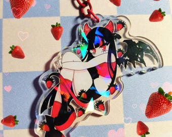 Strawberry Devil Holographic Keychain – Original Character Charm