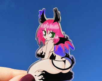 Sticker holographique succube aux cheveux roses