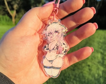 Sonico Cow Print Bikini Sakura Flower Holographic Keychain